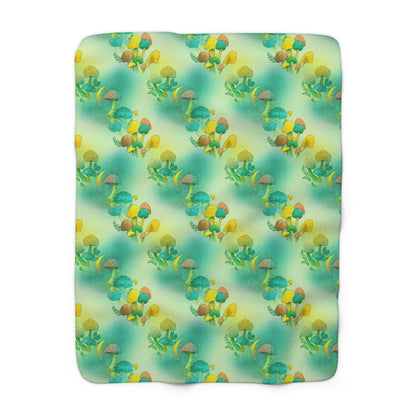 Sherpa Fleece Blanket - Electric Green Mushroom Pattern