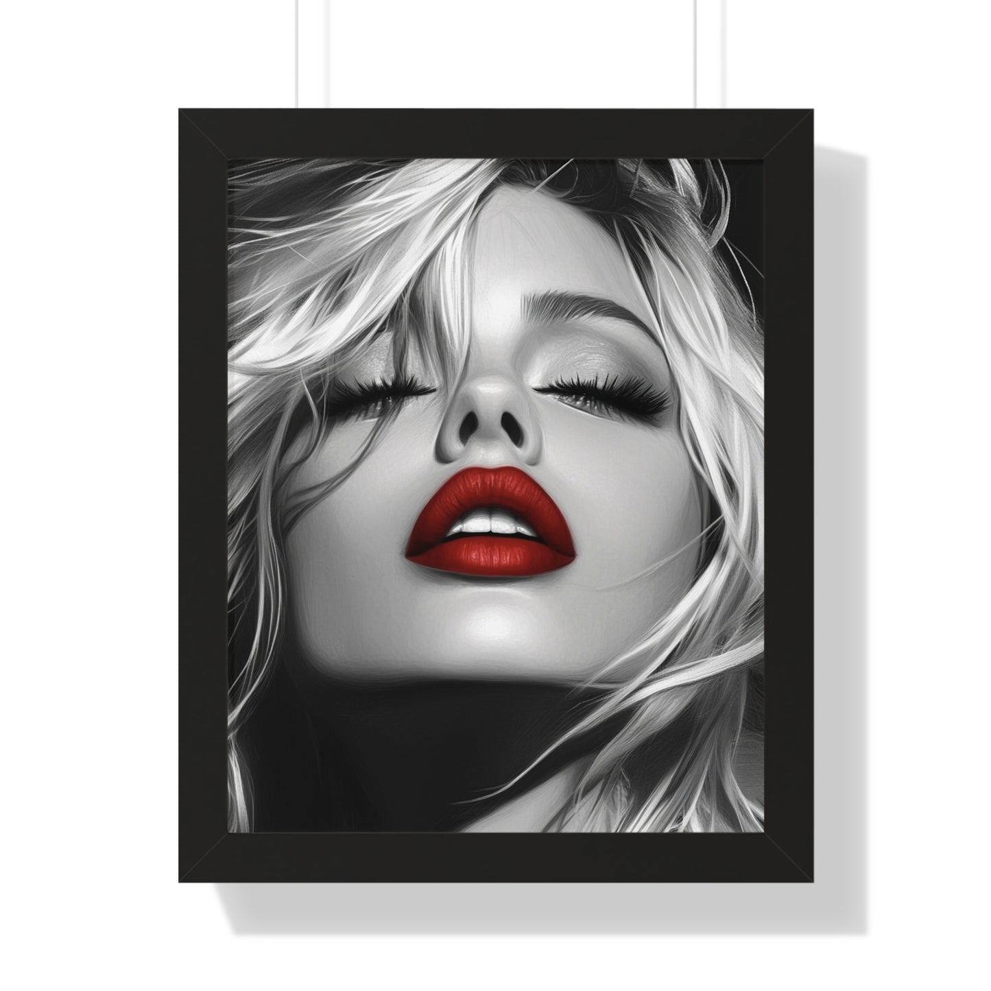 Chic Framed Vertical Poster with Bold Red Lips, Art Print for Glam Decor, Fashion Wall Art, Bedroom Decoration, Elegant Gift Idea