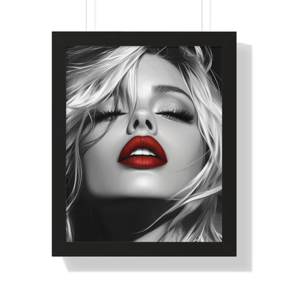 Chic Framed Vertical Poster with Bold Red Lips, Art Print for Glam Decor, Fashion Wall Art, Bedroom Decoration, Elegant Gift Idea