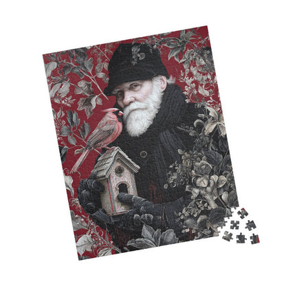 Puzzle - Wise Old Man with Birdhouse on Red Floral Background