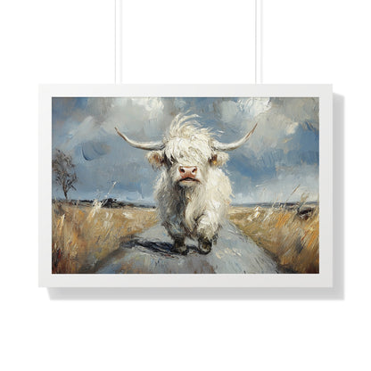 Poster - Cute White Highland Cow Running Down Road Escapee