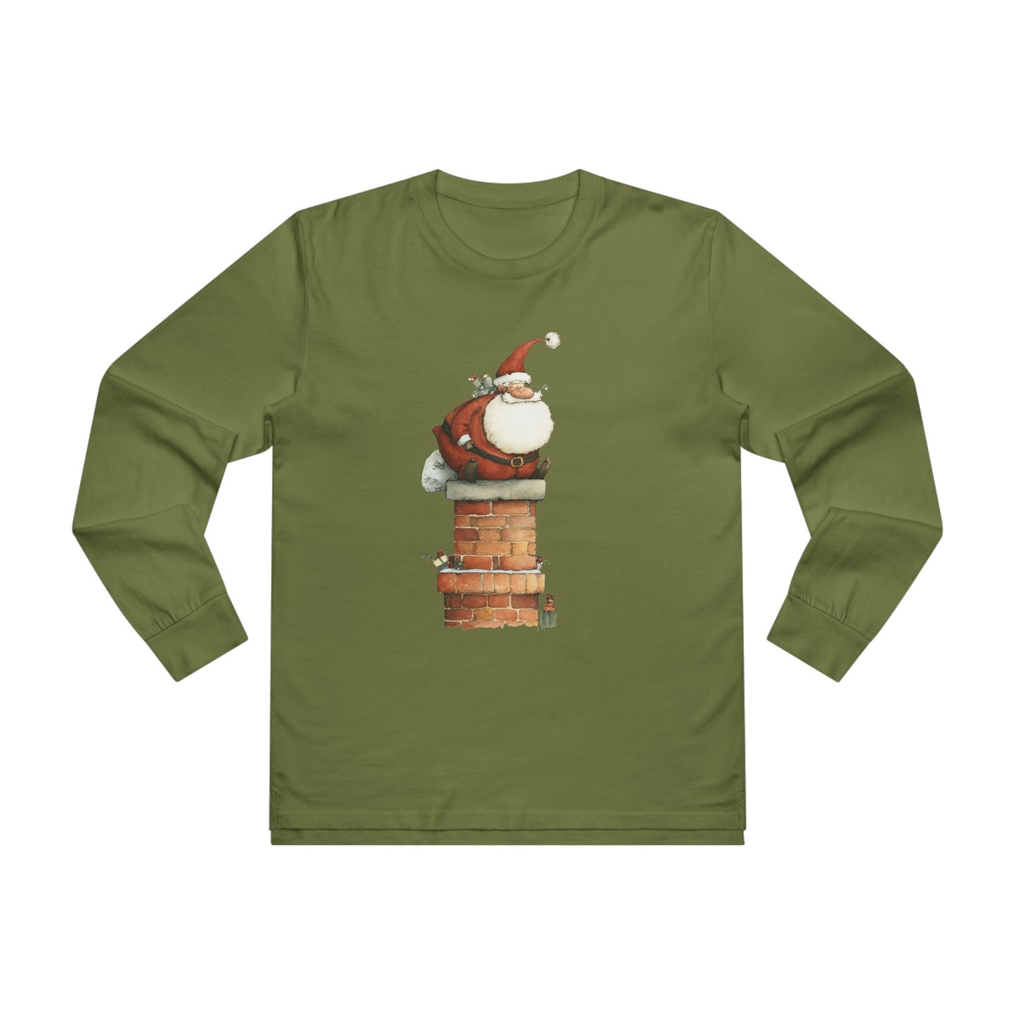 Festive Men’s Base Longsleeve Tee, Christmas Shirt, Santa in Chimney Design