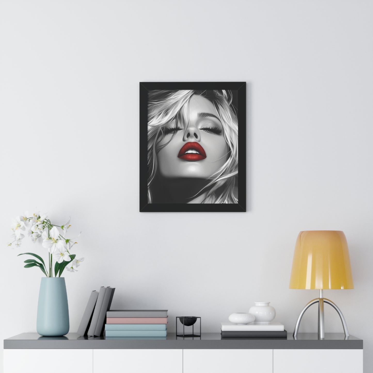 Chic Framed Vertical Poster with Bold Red Lips, Art Print for Glam Decor, Fashion Wall Art, Bedroom Decoration, Elegant Gift Idea