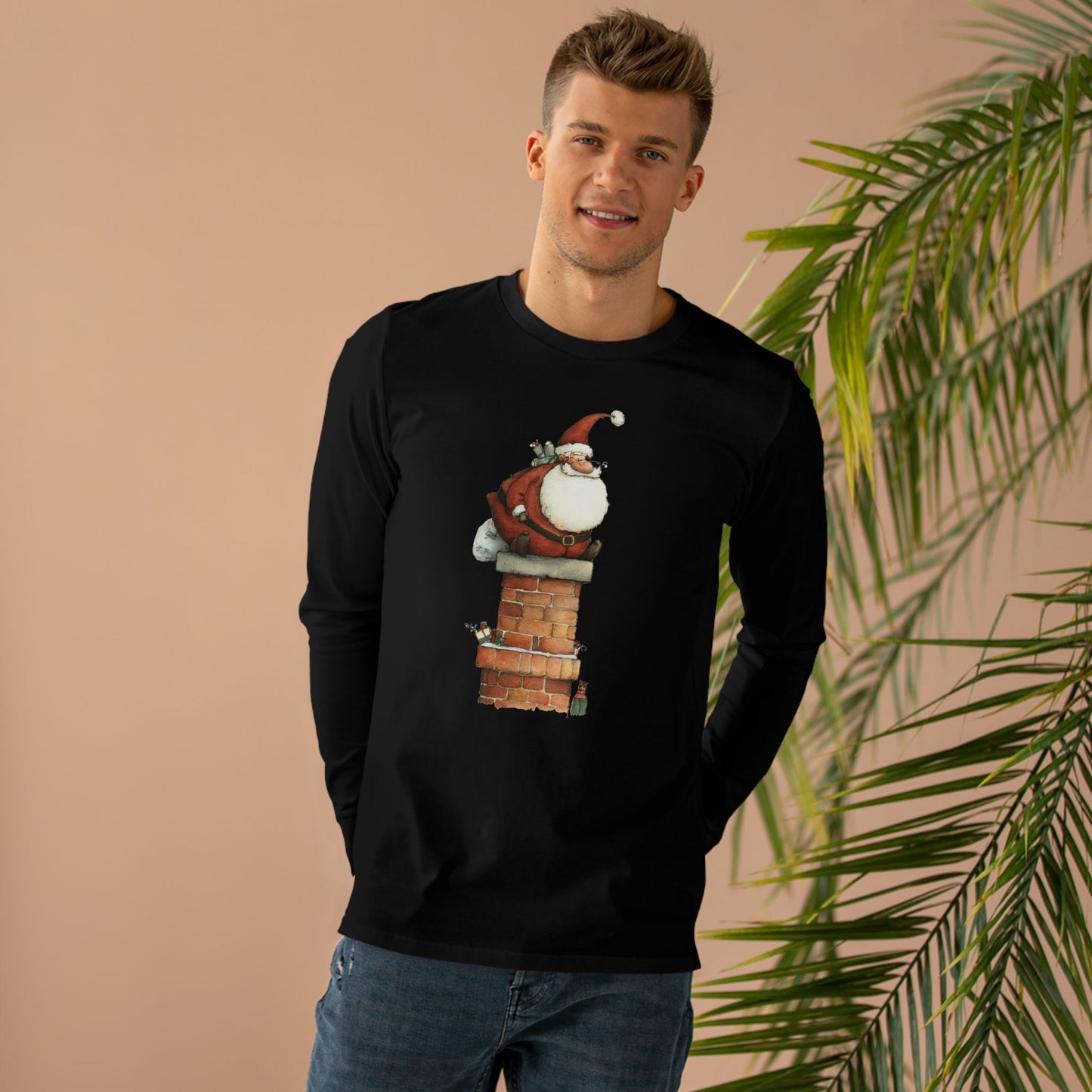 Festive Men’s Base Longsleeve Tee, Christmas Shirt, Santa in Chimney Design