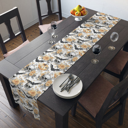 Halloween Themed Table Runner, Spooky Decor for Fall, Gothic Home Accents, Pumpkin and Skull Design, Perfect for Parties