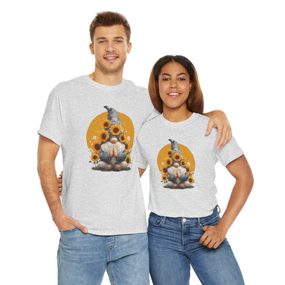 Sunflower and Yoga Gnome Unisex Heavy Cotton Tee - Boho Style, Eco-Friendly Apparel, Casual Wear, Unique Art Tee