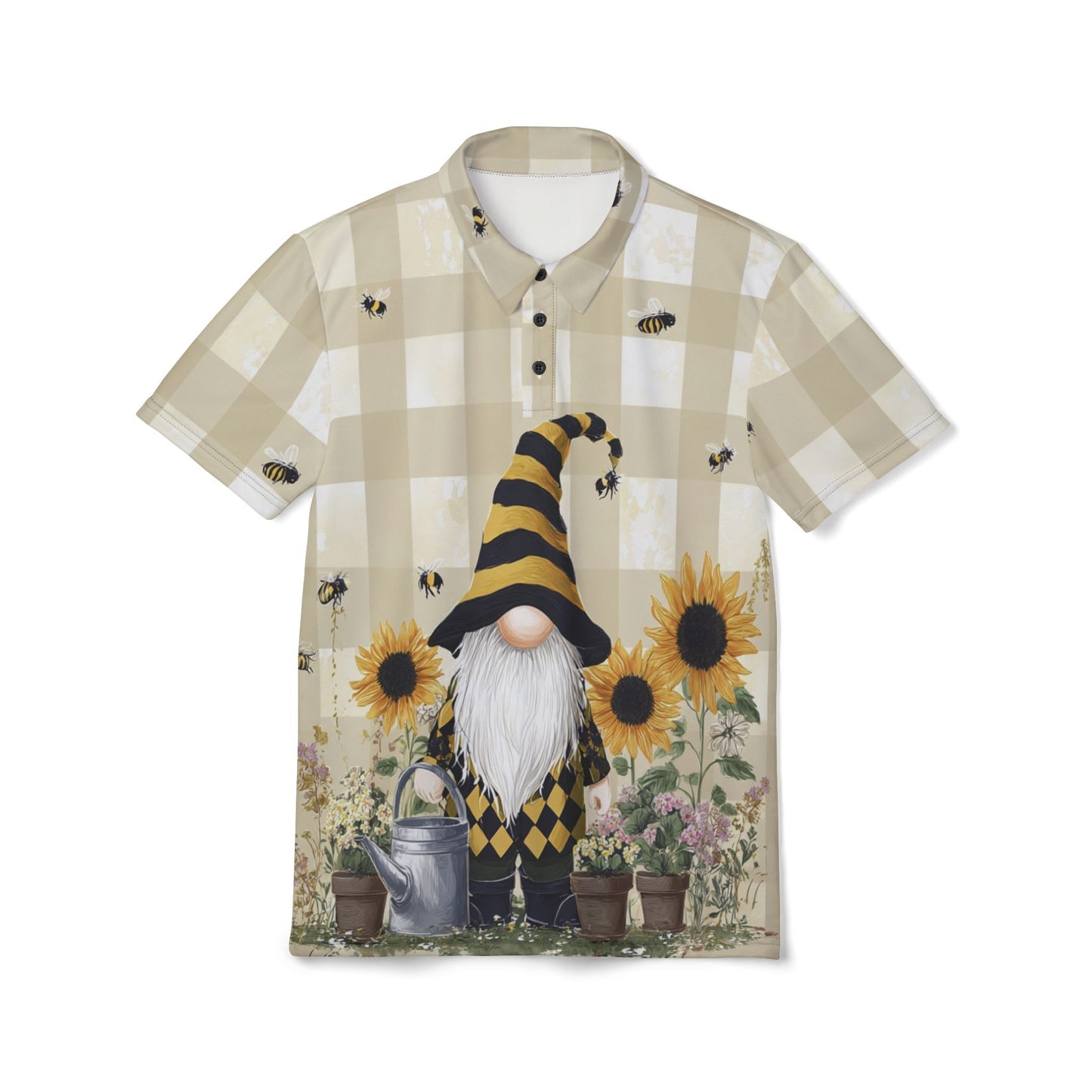 Whimsical Gnome Polo Shirt, Unisex Summer Shirt, Bee & Sunflower Print, Casual Garden Attire, Unique Gift for Garden Lovers