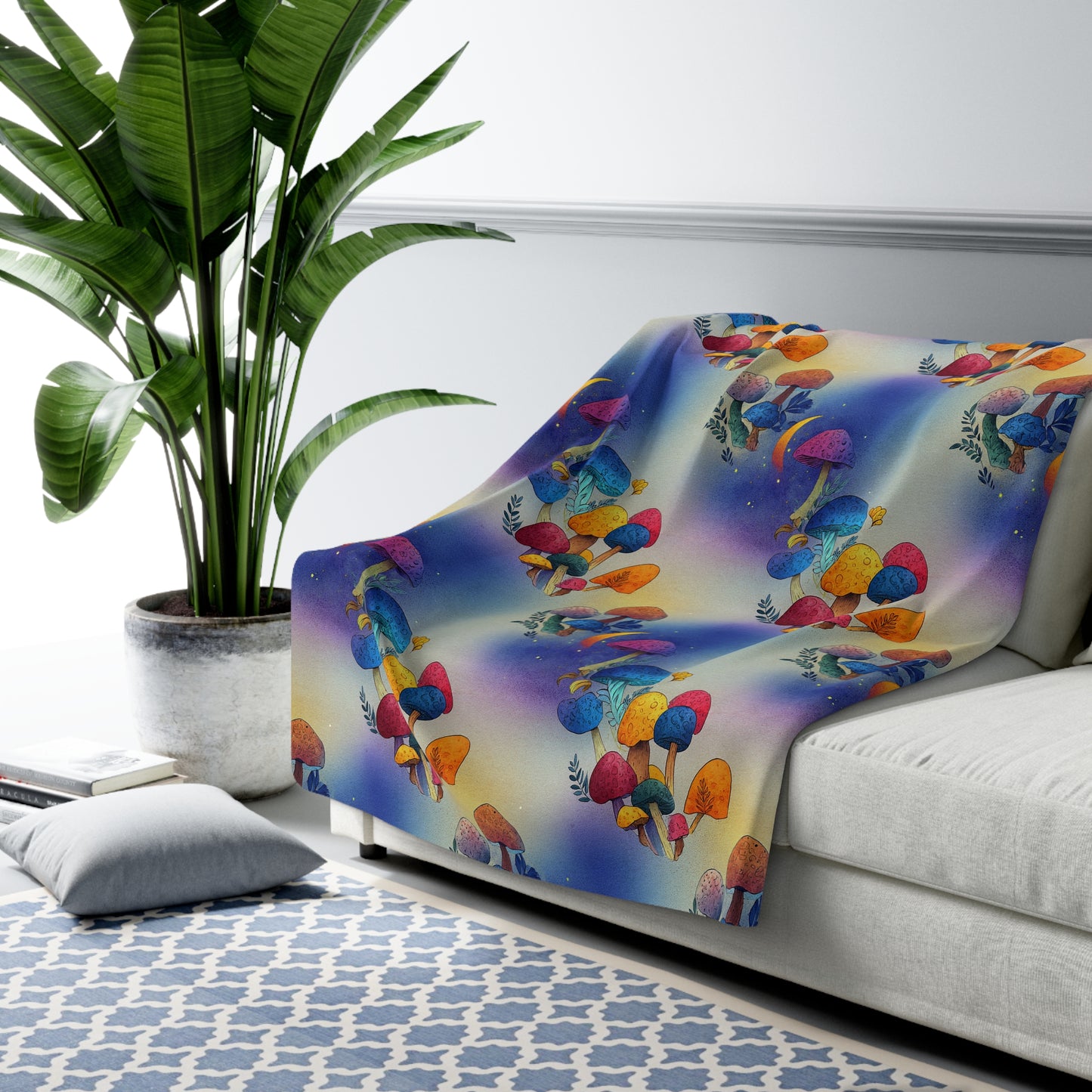 Bright and Very Colorful Mushroom Pattern Sherpa Fleece Blanket