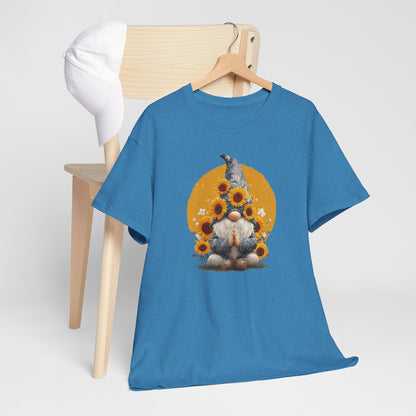 Sunflower and Yoga Gnome Unisex Heavy Cotton Tee - Boho Style, Eco-Friendly Apparel, Casual Wear, Unique Art Tee