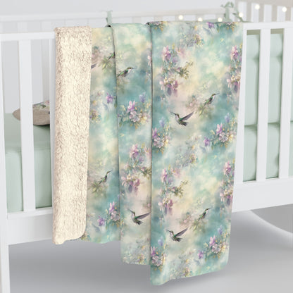 Sherpa Fleece Blanket - Soft Turquoise Hummingbirds