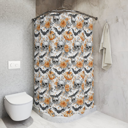 Spooky Floral Shower Curtain with Skulls and Pumpkins, Halloween Decor, Bathroom Accessory, Gift for Halloween Lovers