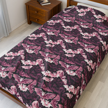 Cozy Pink Halloween Bats Velveteen Plush Blanket with Botanical Design | Perfect for Home Decor, Gifts, Girl Grunge