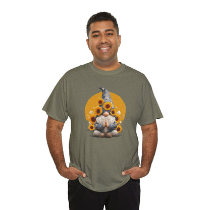 Sunflower and Yoga Gnome Unisex Heavy Cotton Tee - Boho Style, Eco-Friendly Apparel, Casual Wear, Unique Art Tee