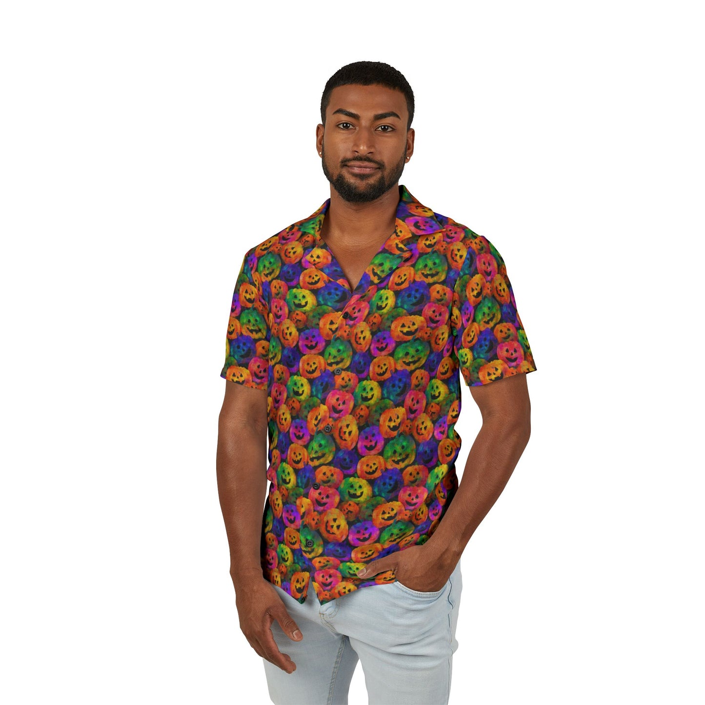 Colorful Halloween Camp Shirt for Men, Perfect for Summer Parties, Beach Days, Halloween Celebrations, Casual Outings, Lively Style