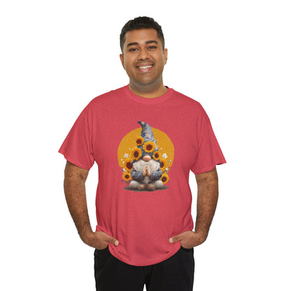 Sunflower and Yoga Gnome Unisex Heavy Cotton Tee - Boho Style, Eco-Friendly Apparel, Casual Wear, Unique Art Tee