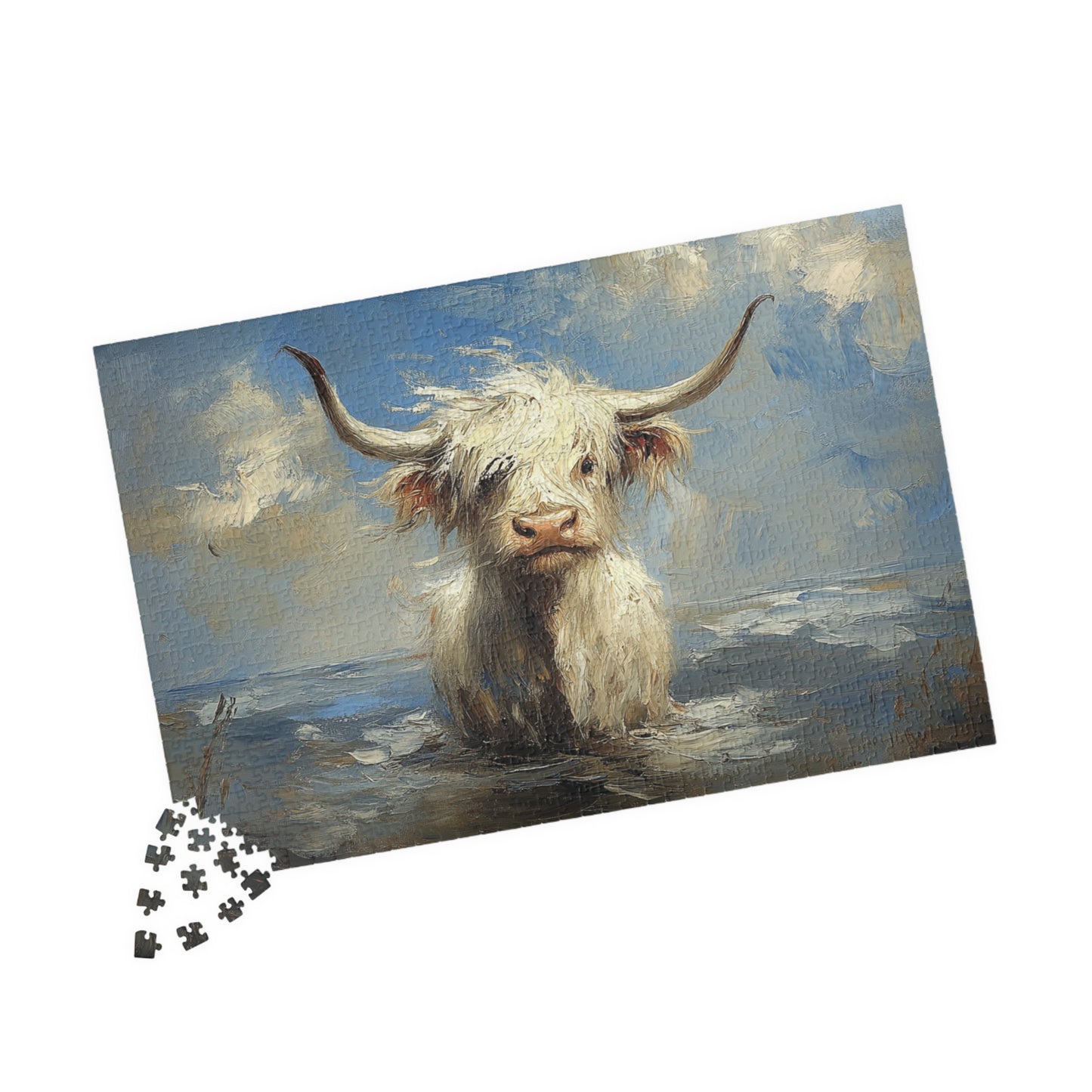Puzzle - White Baby Highland Cows Beach Day Design