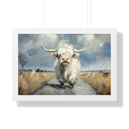 Poster - Cute White Highland Cow Running Down Road Escapee