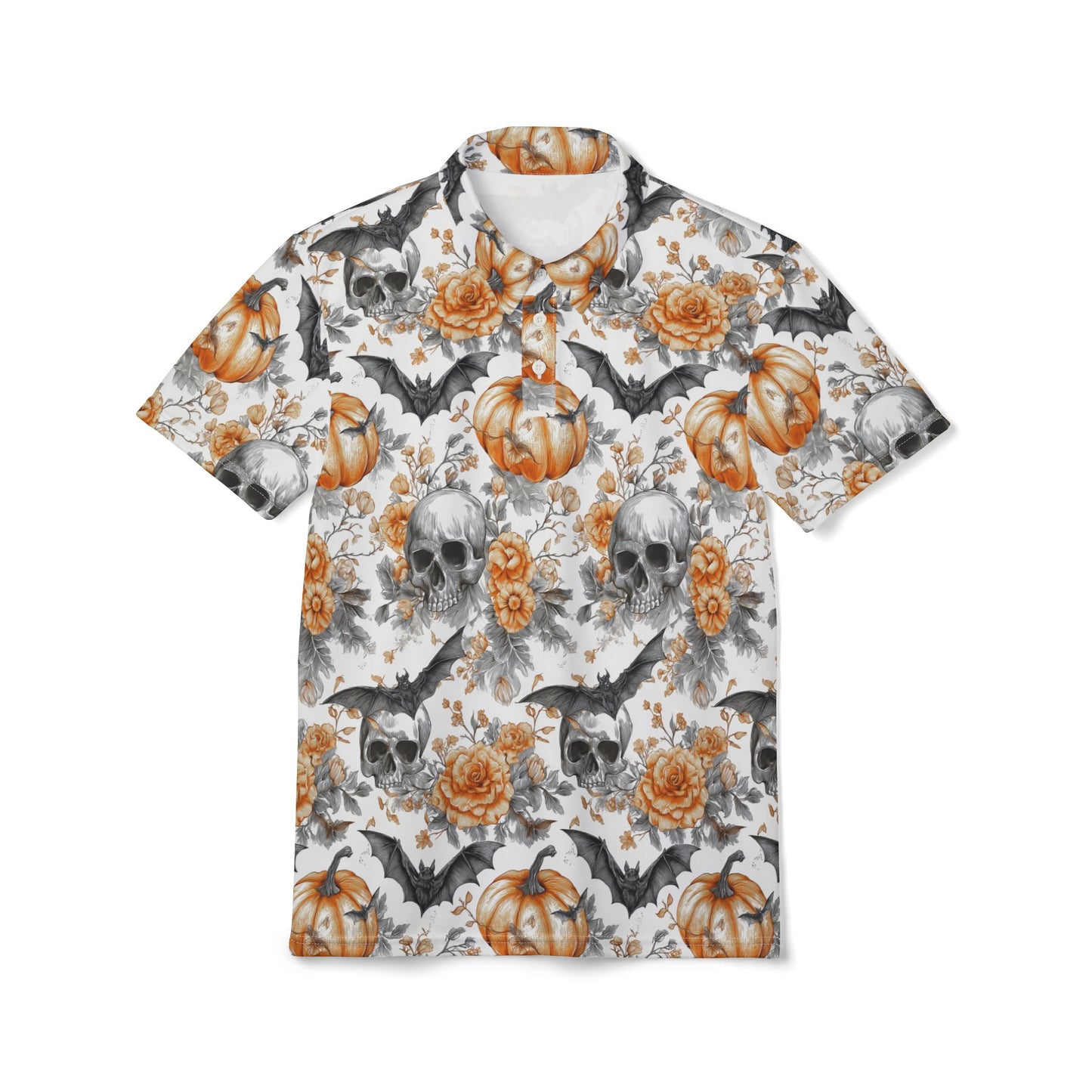 Halloween Skull & Pumpkin Polo Shirt, Fall Apparel, Unisex Halloween Shirt, Spooky Fashion, Autumn Style, Gothic Clothing