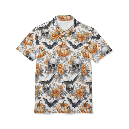 Halloween Skull & Pumpkin Polo Shirt, Fall Apparel, Unisex Halloween Shirt, Spooky Fashion, Autumn Style, Gothic Clothing
