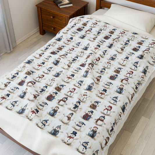 Cozy Snowman Velveteen Plush Blanket, Winter Decor, Holiday Gift, Soft Throw, Snuggle Blanket, Home Warmth
