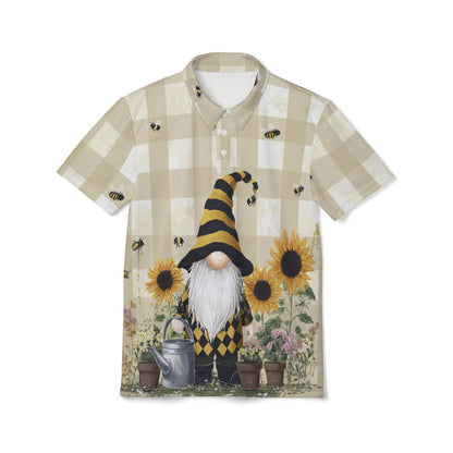 Whimsical Gnome Polo Shirt, Unisex Summer Shirt, Bee & Sunflower Print, Casual Garden Attire, Unique Gift for Garden Lovers