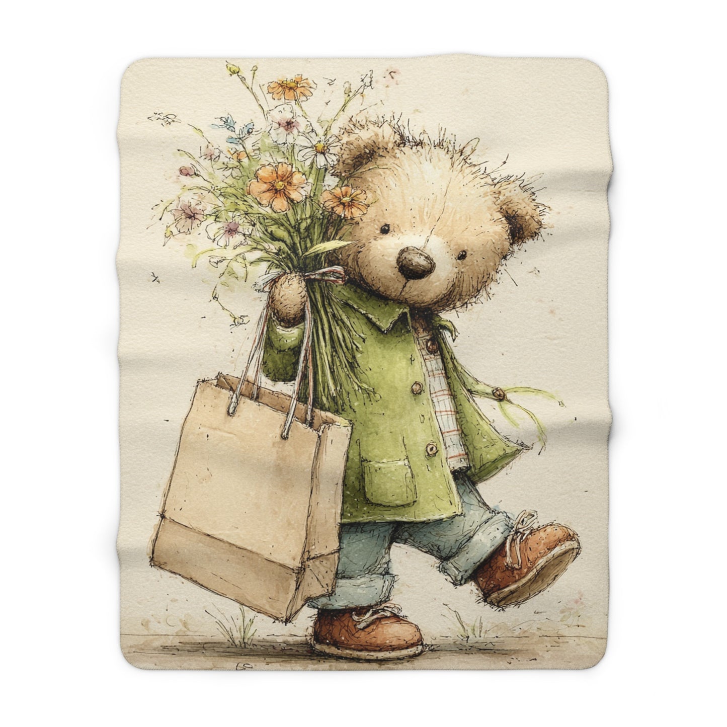 Cozy Floral Bear Sherpa Fleece Blanket, Soft Baby Blanket, Kids Blanket, Nursery Decor, Gift for Paddington Bear Fans