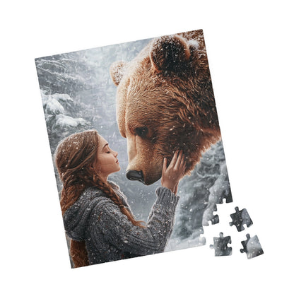 Nature-Inspired Puzzle, Wildlife Puzzle, Bear and Girl Artwork, Eco-Friendly Gift, Family Activity, Snowy Scene Decor