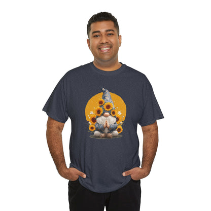 Sunflower and Yoga Gnome Unisex Heavy Cotton Tee - Boho Style, Eco-Friendly Apparel, Casual Wear, Unique Art Tee