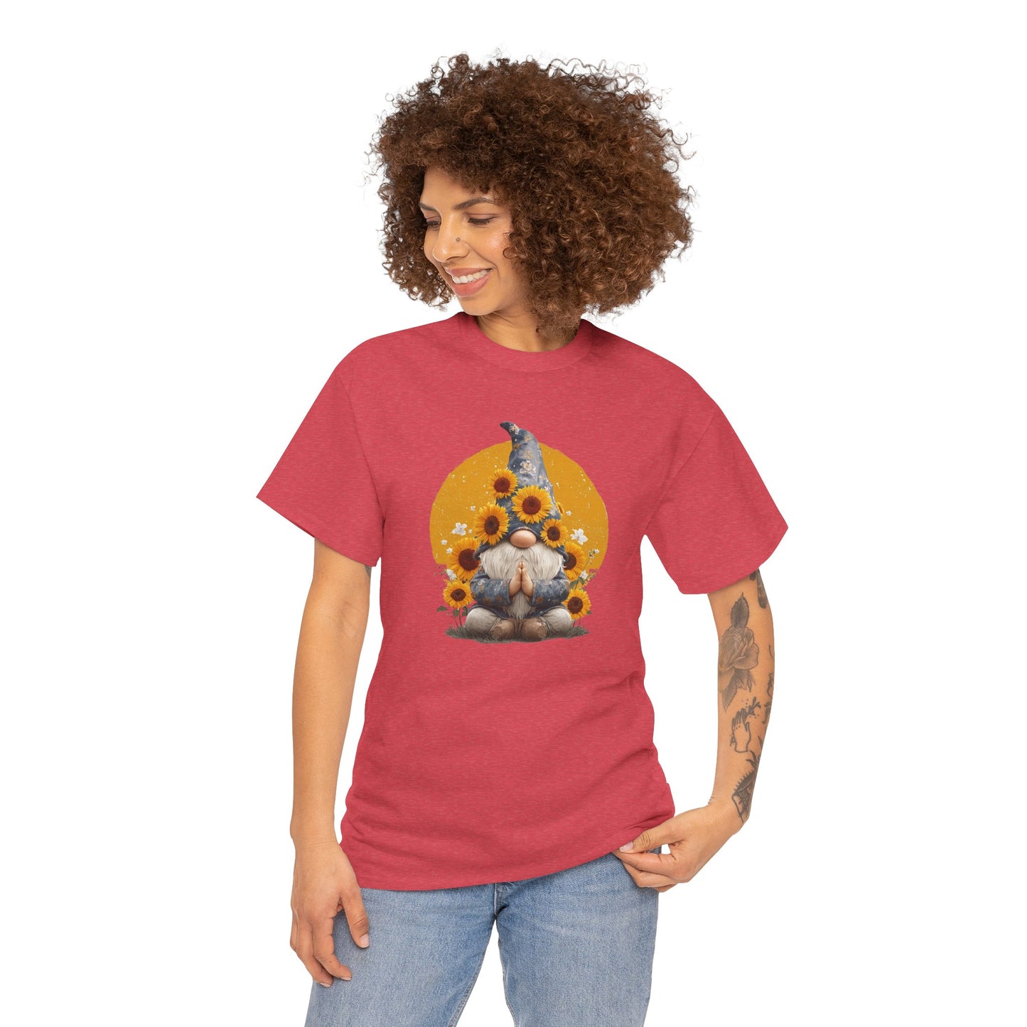 Sunflower and Yoga Gnome Unisex Heavy Cotton Tee - Boho Style, Eco-Friendly Apparel, Casual Wear, Unique Art Tee