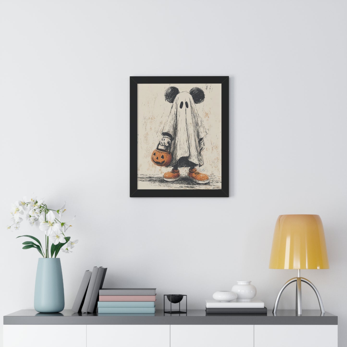 Whimsical Halloween Framed Poster | Ghostly Mickey Art, Halloween Decor, Kid's Room Wall Art, Seasonal Home Decor, Spooky Vibes