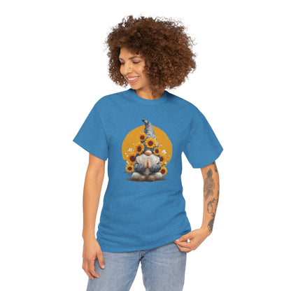 Sunflower and Yoga Gnome Unisex Heavy Cotton Tee - Boho Style, Eco-Friendly Apparel, Casual Wear, Unique Art Tee