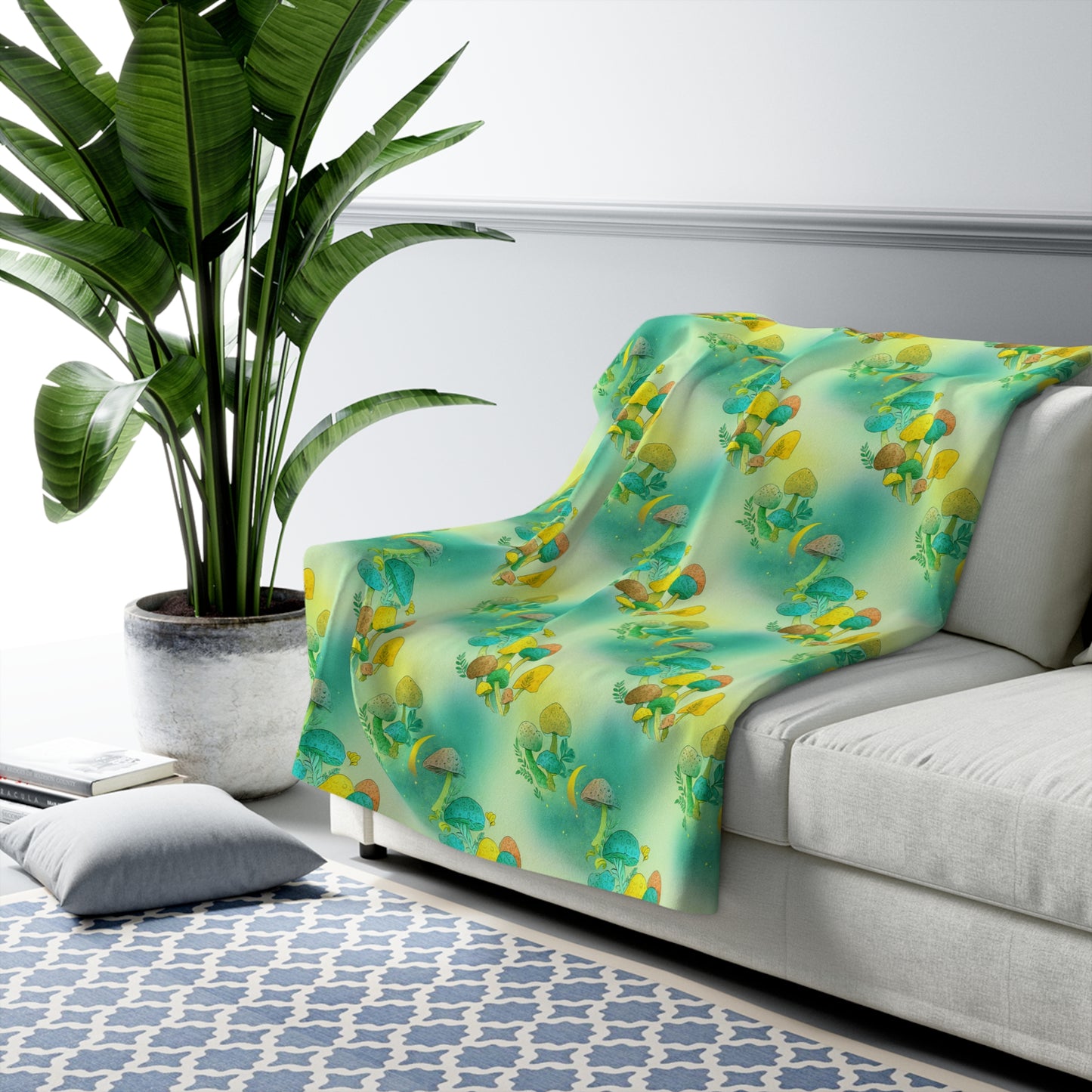 Sherpa Fleece Blanket - Electric Green Mushroom Pattern