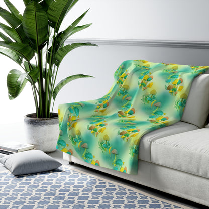 Sherpa Fleece Blanket - Electric Green Mushroom Pattern