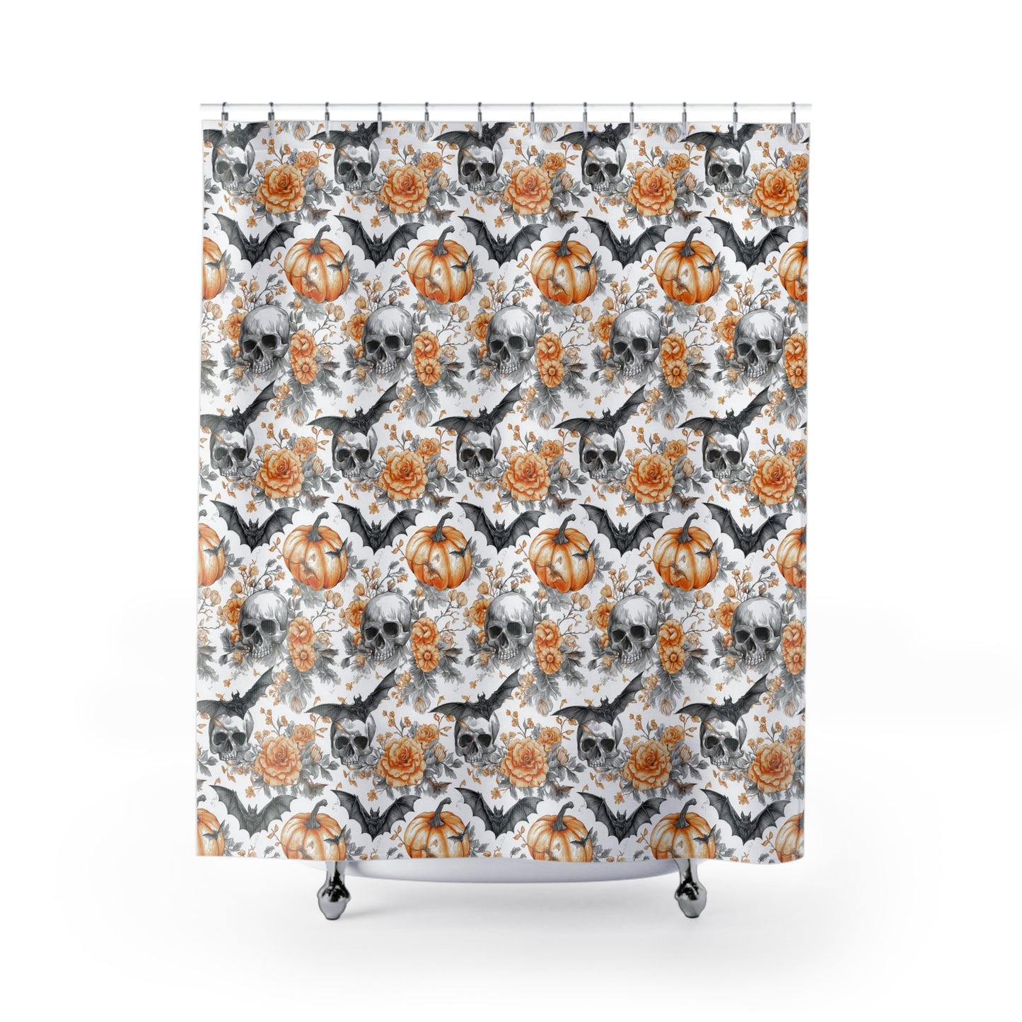 Spooky Floral Shower Curtain with Skulls and Pumpkins, Halloween Decor, Bathroom Accessory, Gift for Halloween Lovers