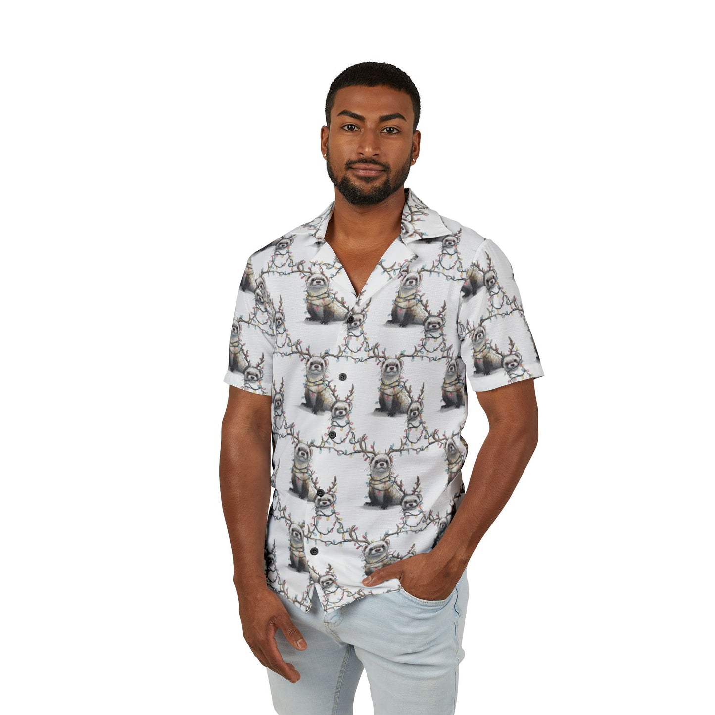 Men's Hawaiian Camp Shirt - Otter Xmas Lights Pattern