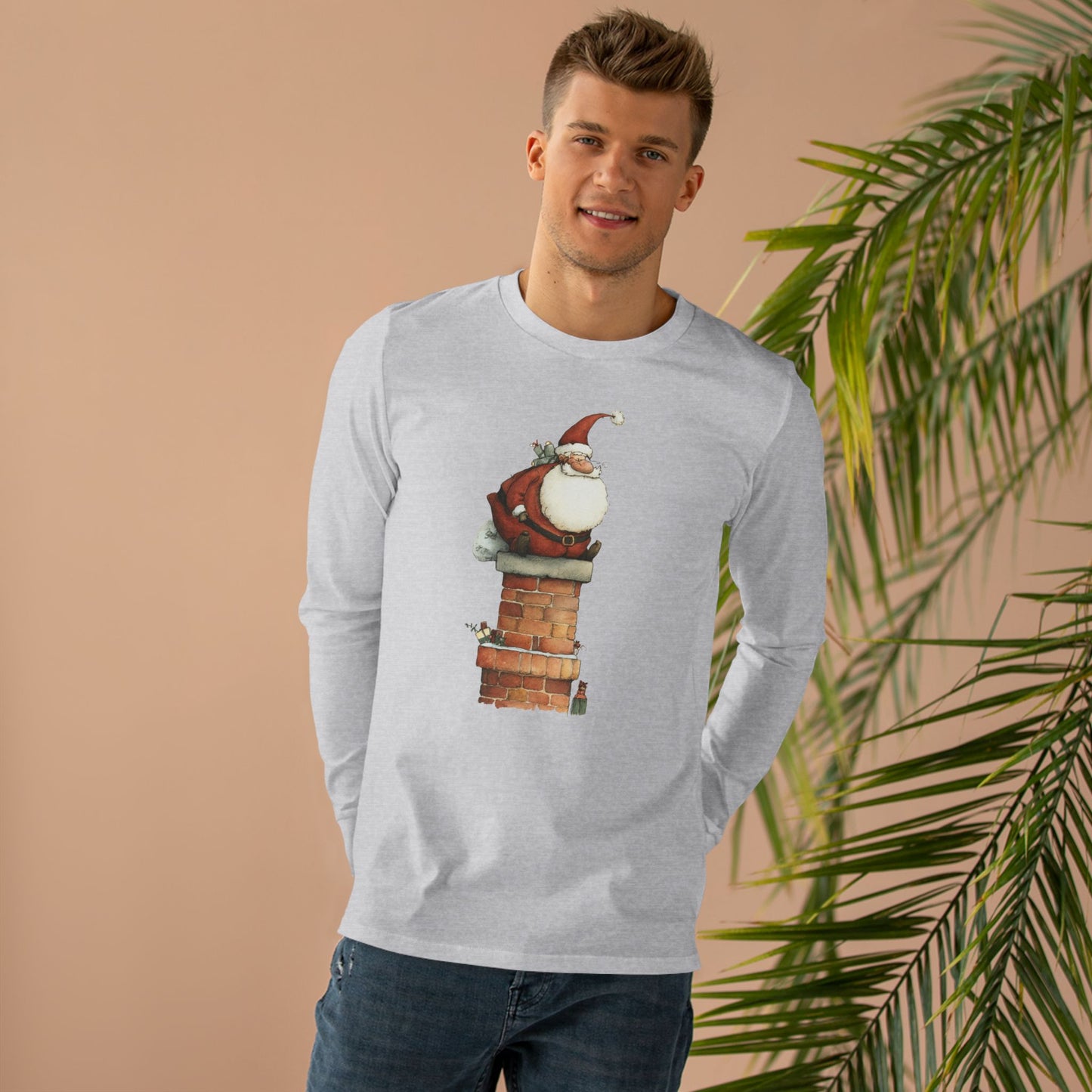 Festive Men’s Base Longsleeve Tee, Christmas Shirt, Santa in Chimney Design