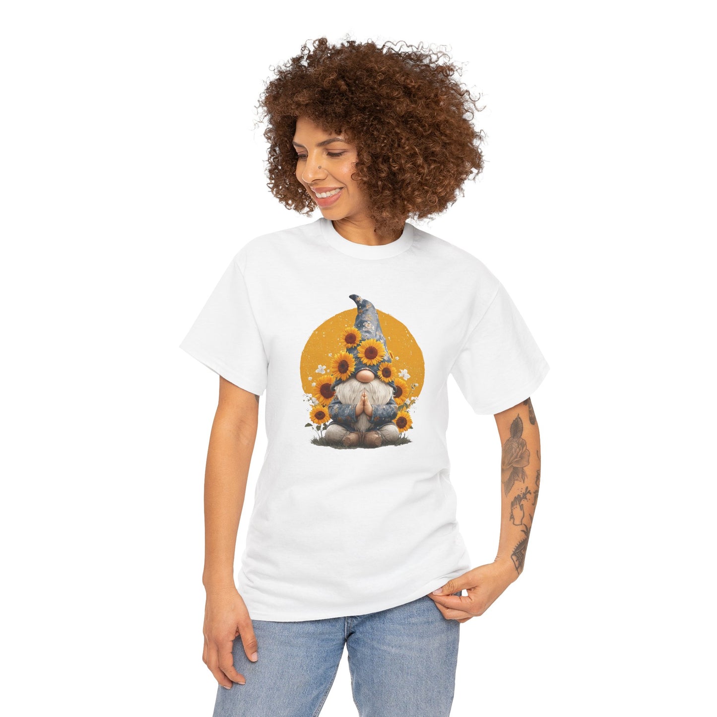 Sunflower and Yoga Gnome Unisex Heavy Cotton Tee - Boho Style, Eco-Friendly Apparel, Casual Wear, Unique Art Tee