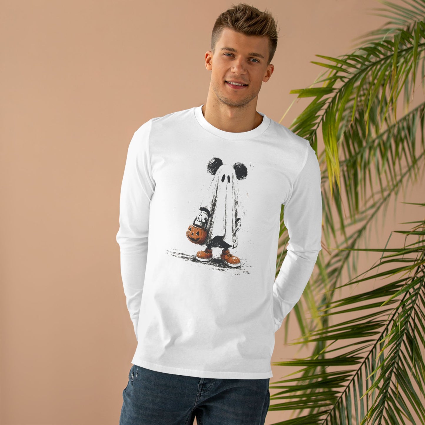 Ghostly Mickey Men’s Long Sleeve Tee - Halloween, Casual Wear, Holiday Gift, Fashion Layering, Fun Apparel
