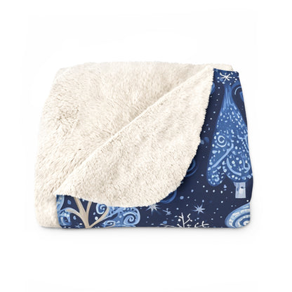Sherpa Fleece Blanket - Dreamy Blue Starry Night Midnight Trees Design