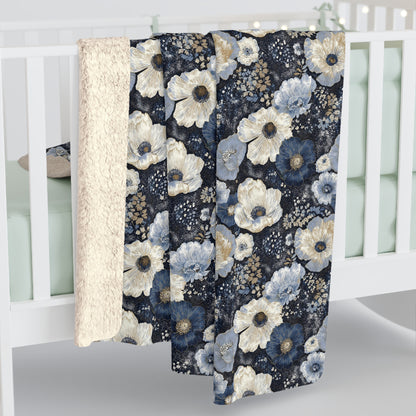 Dark Blues Floral Sherpa Fleece Blanket - Ideal Gift for Weddings, Birthdays, Housewarming
