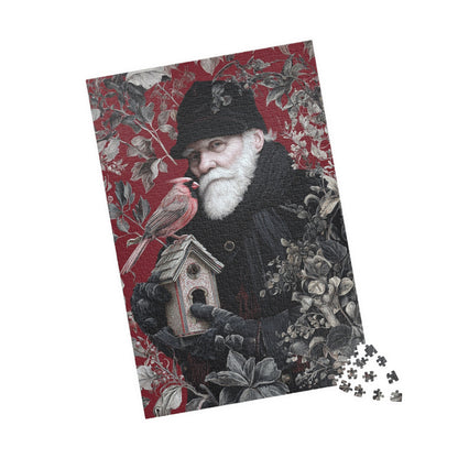 Puzzle - Wise Old Man with Birdhouse on Red Floral Background