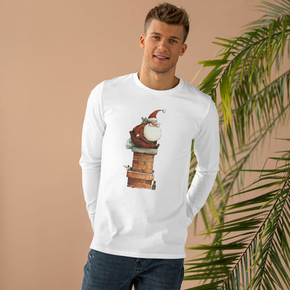 Festive Men’s Base Longsleeve Tee, Christmas Shirt, Santa in Chimney Design
