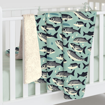 Fish Pattern Sherpa Fleece Blanket, Gift for Fishermen, Outdoor Lover's Blanket, Unique Blanket