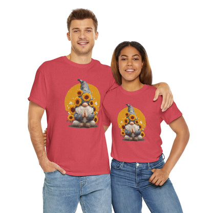 Sunflower and Yoga Gnome Unisex Heavy Cotton Tee - Boho Style, Eco-Friendly Apparel, Casual Wear, Unique Art Tee