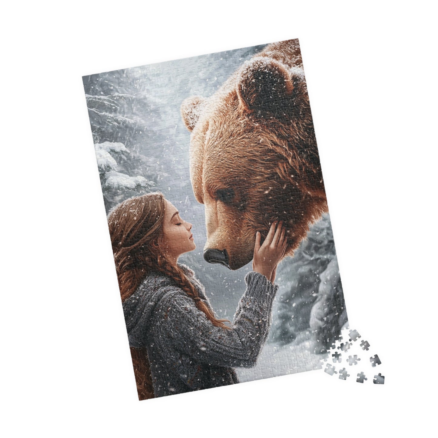 Nature-Inspired Puzzle, Wildlife Puzzle, Bear and Girl Artwork, Eco-Friendly Gift, Family Activity, Snowy Scene Decor
