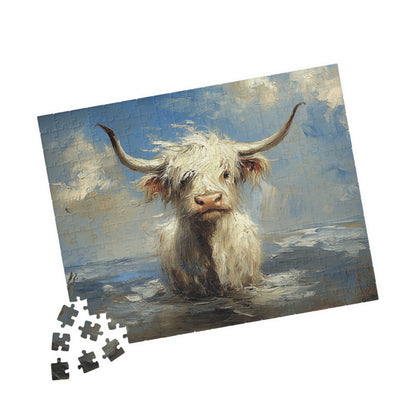 Puzzle - White Baby Highland Cows Beach Day Design