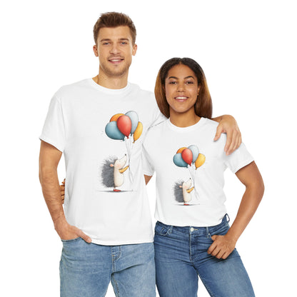 Adorable Hedgehog Balloon Tee, Cute Animal T-Shirt, Unisex Casual Wear, Birthday Gift, Fun Graphic Top