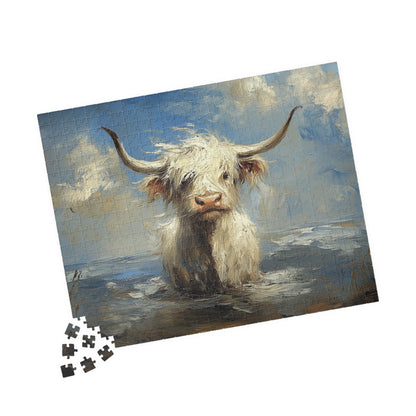 Puzzle - White Baby Highland Cows Beach Day Design