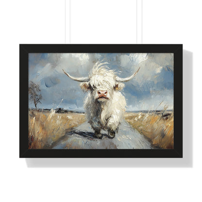 Poster - Cute White Highland Cow Running Down Road Escapee