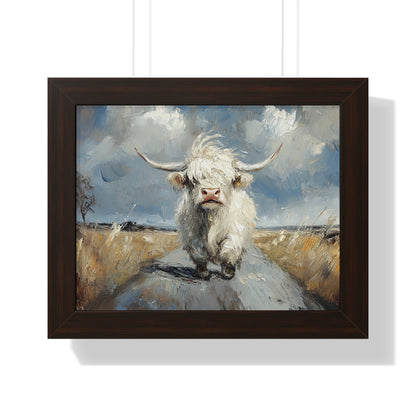 Poster - Cute White Highland Cow Running Down Road Escapee